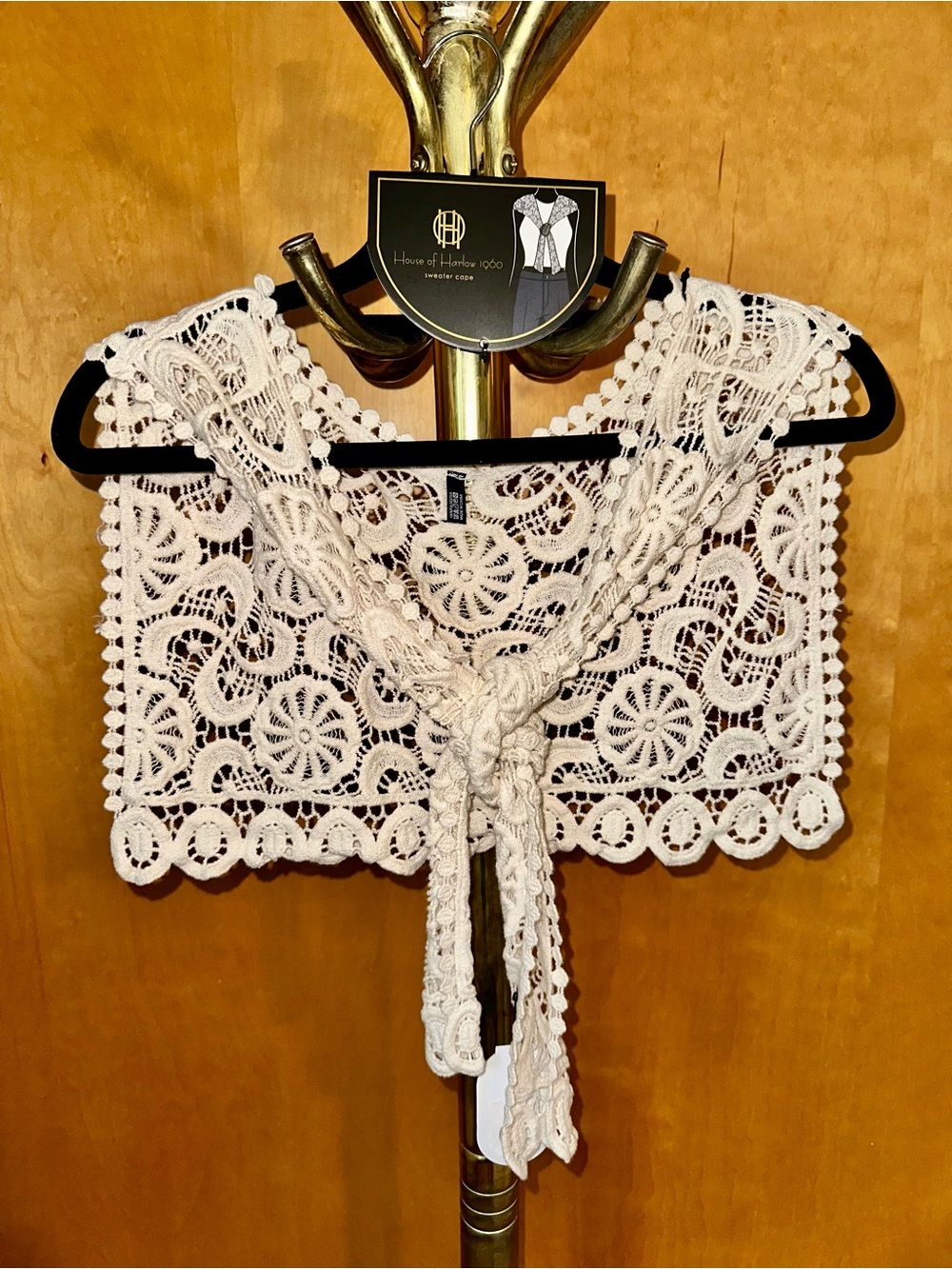 House of Harlow 1960 Crochet Tie-Front Sweater Cape in Cream